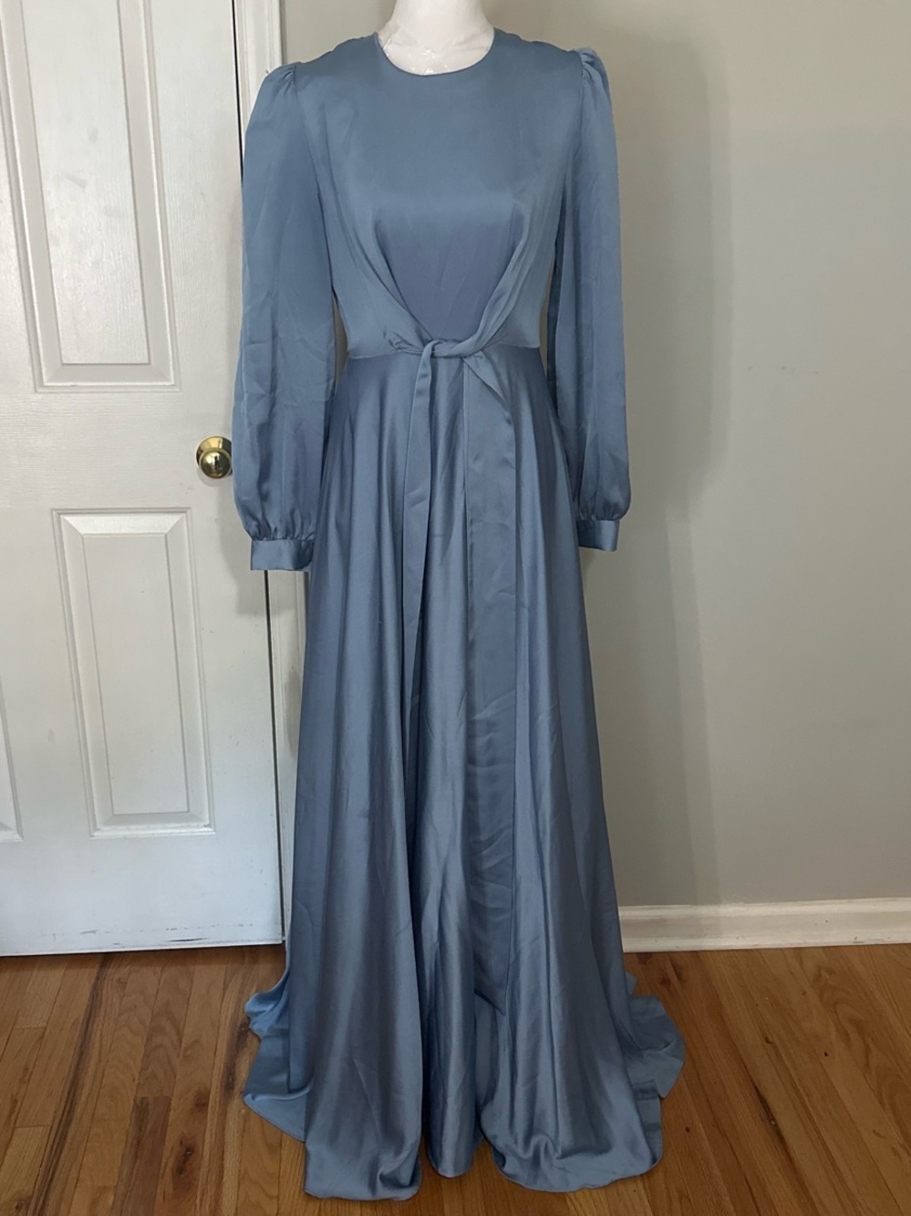 Satin Tie-Front Light Blue Maxi Dress with Long Sleeves